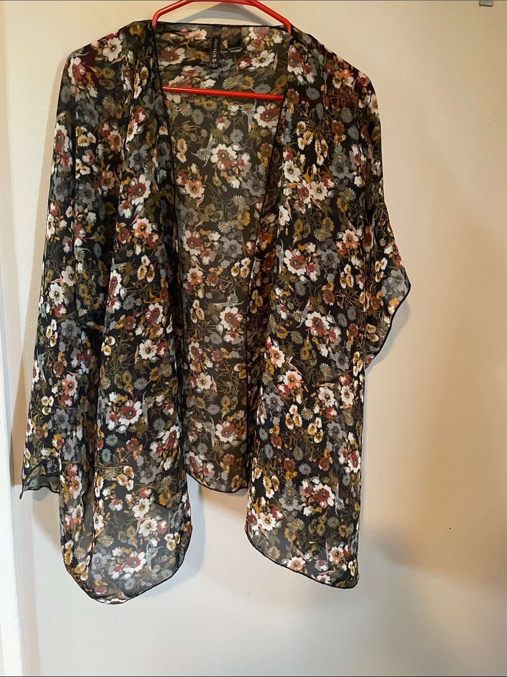 Full Tilt Black Floral Open-Front Kimono with White, Olive & Mustard Flowers